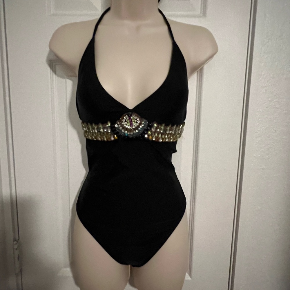 Black Halter Swimsuit with Embellishment